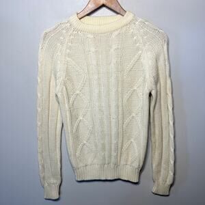 Sigallo VTG Sweater Cable Knit Crew Neck Cream Acrylic Pullover Preppy Casual L